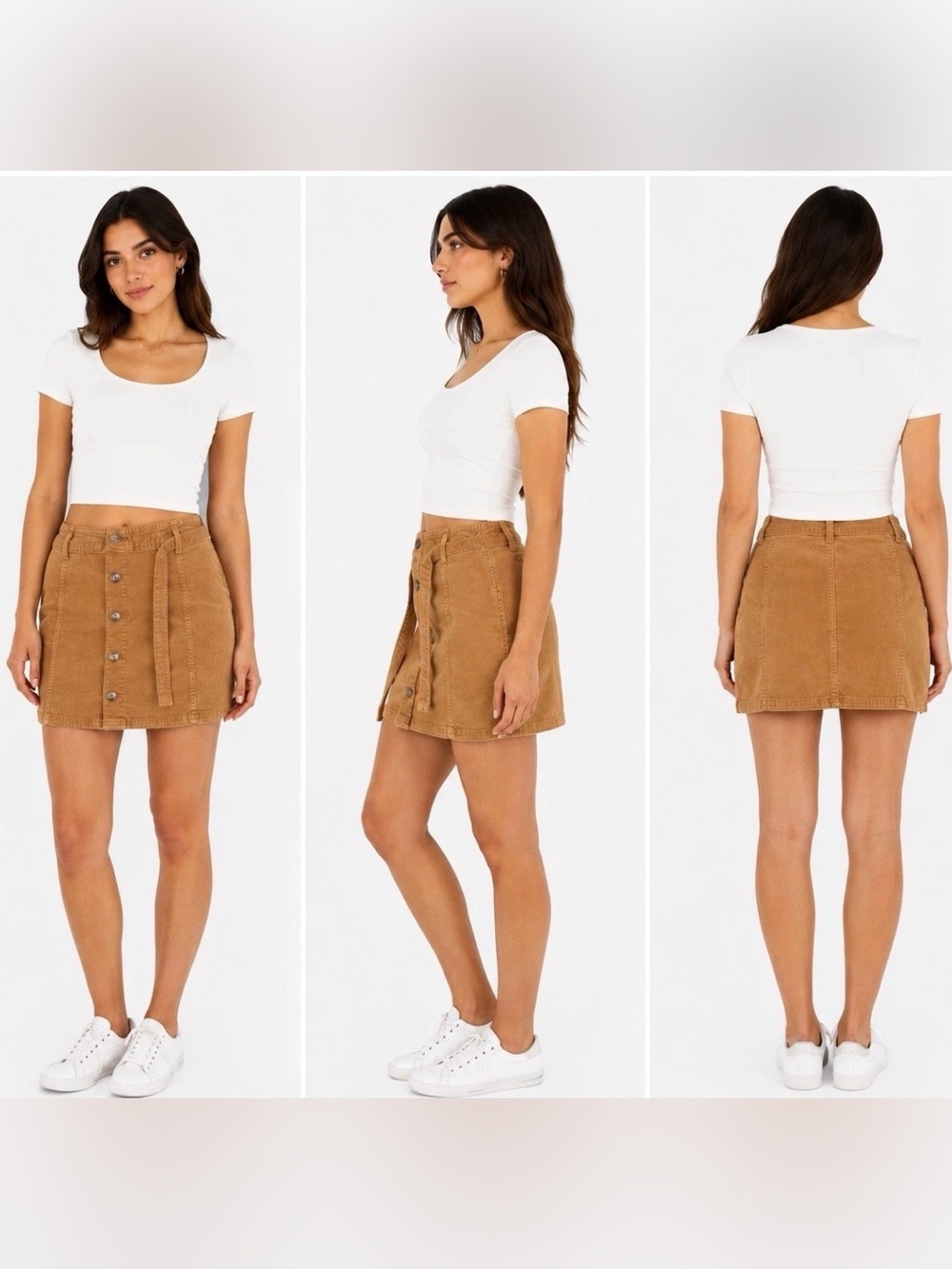 American Eagle Brown Corduroy Belted Hi Rise A Line Button Down Mini Skirt Sz 8